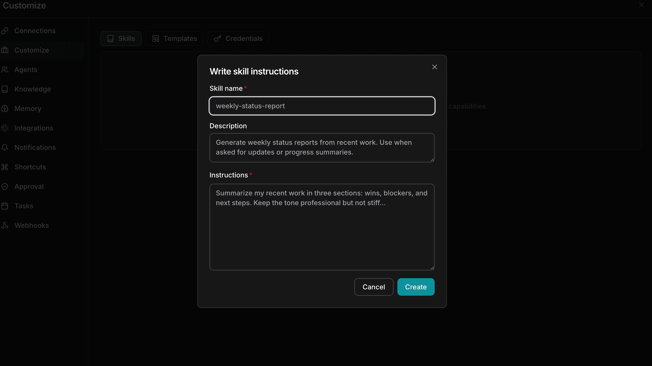 Write skill instructions modal with Skill name, Description, and Instructions fields