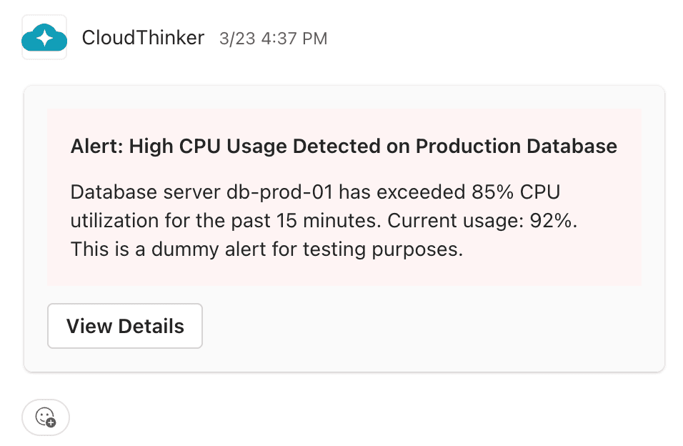 CloudThinker CPU alert notification in Microsoft Teams