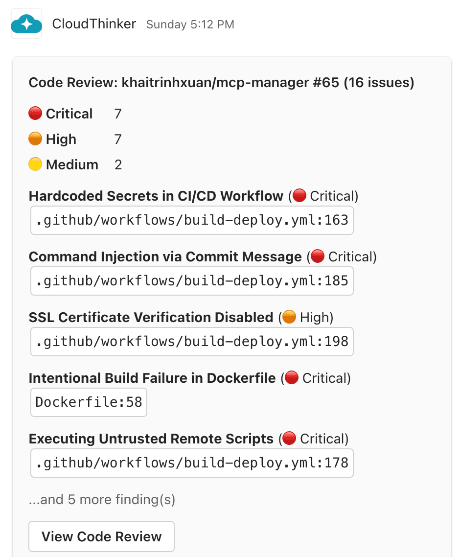 CloudThinker code review notification in Microsoft Teams
