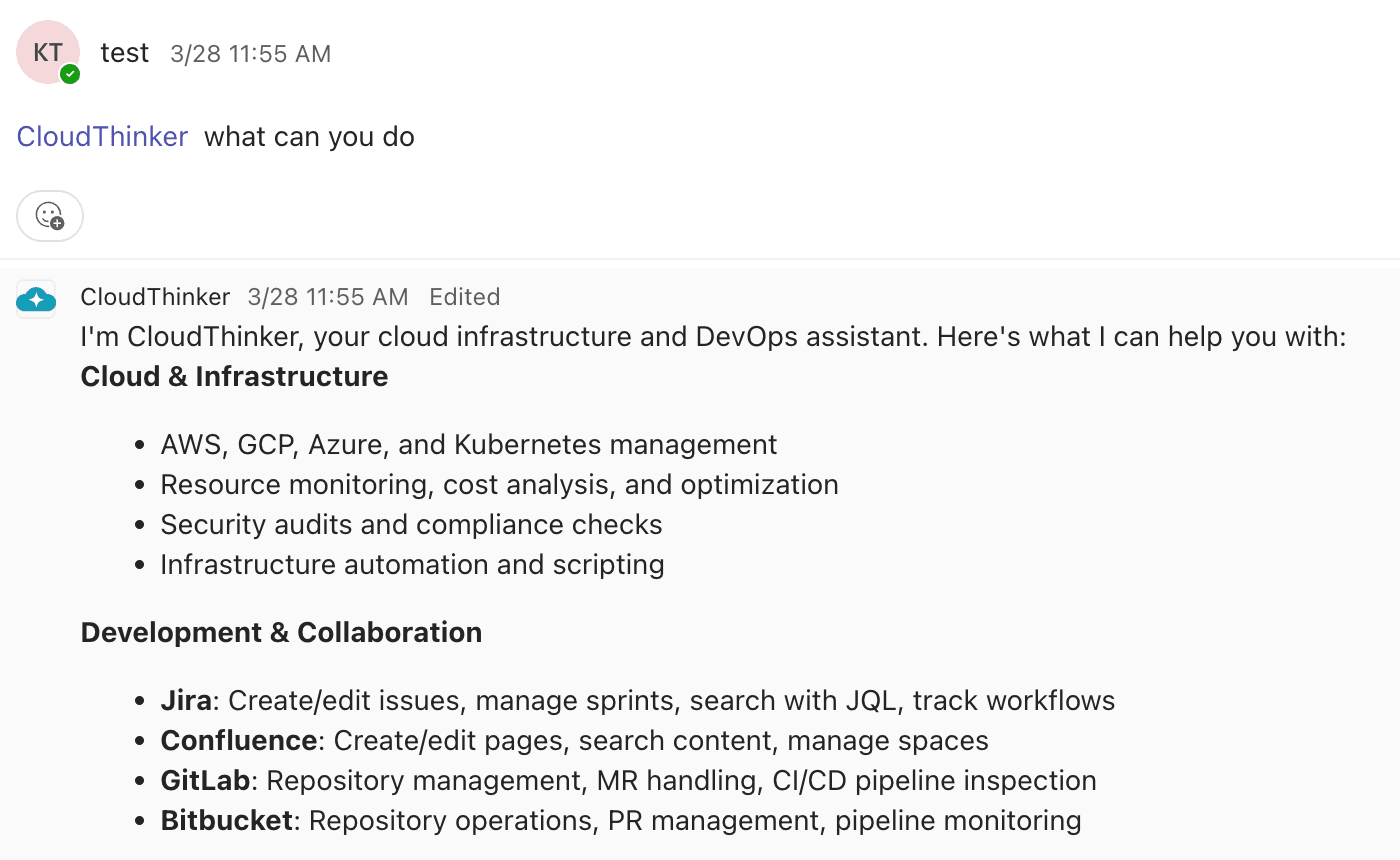 Talking to CloudThinker agents in Microsoft Teams