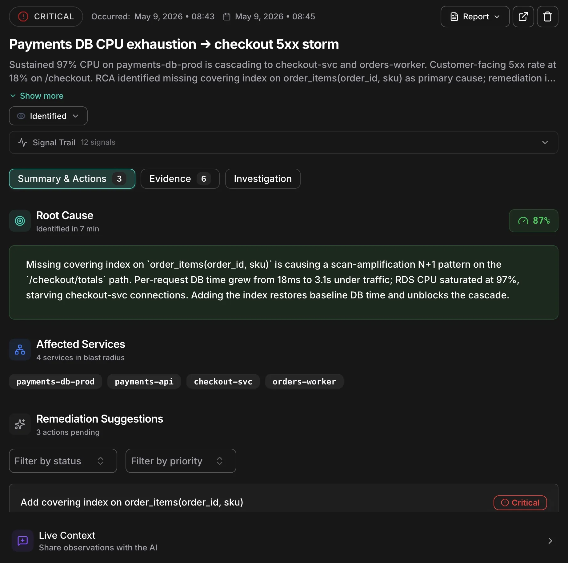 DRE incident summary — AI-generated root cause and remediation