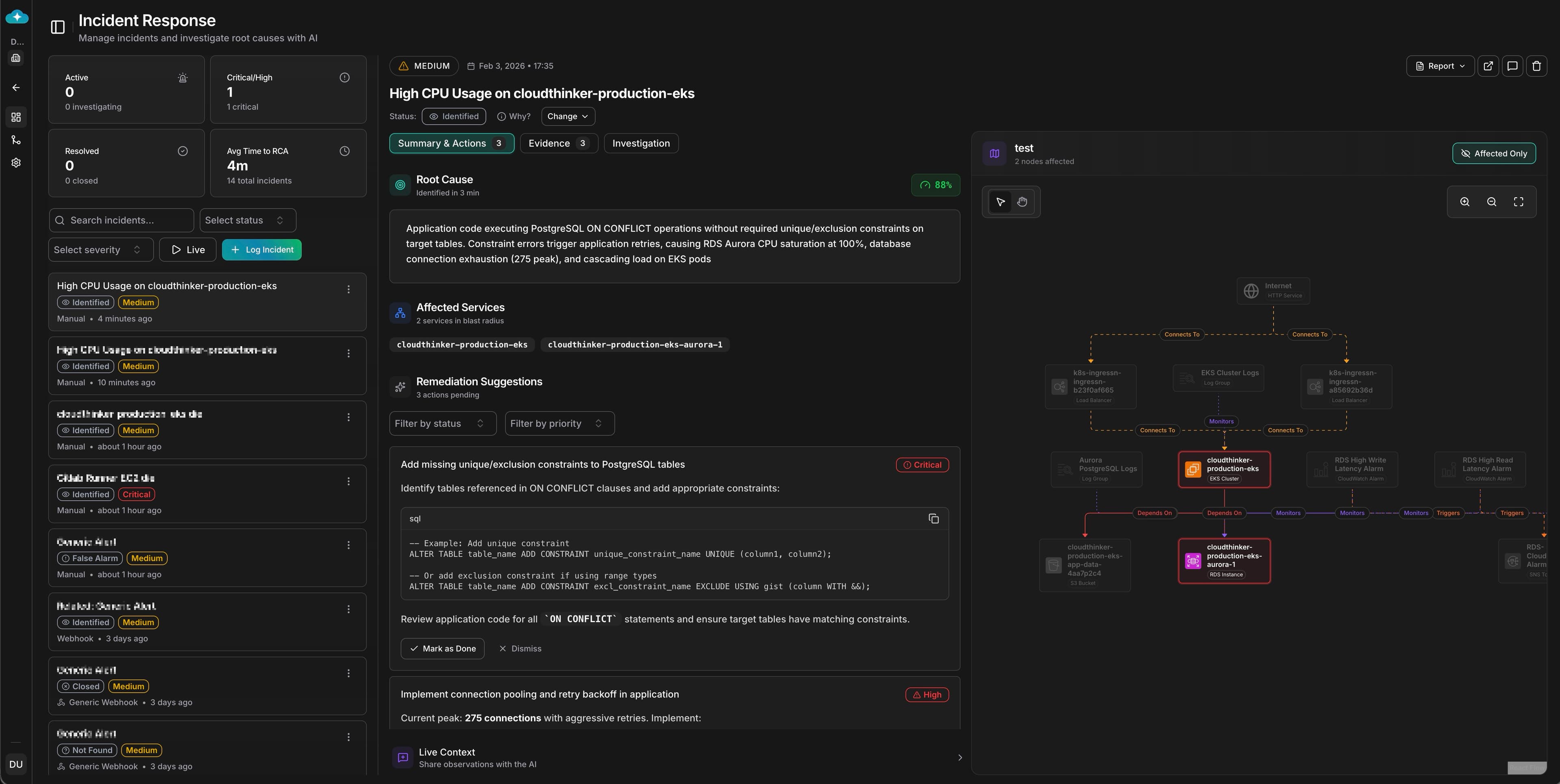Incident Investigation Dashboard with AI-powered Root Cause Analysis