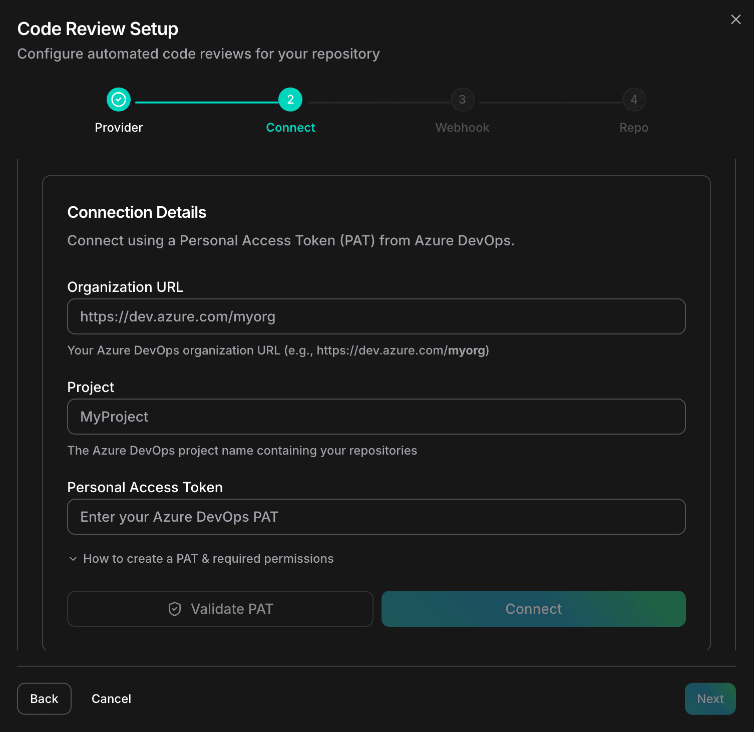CloudThinker connection form — enter Organization URL, Project, and Personal Access Token