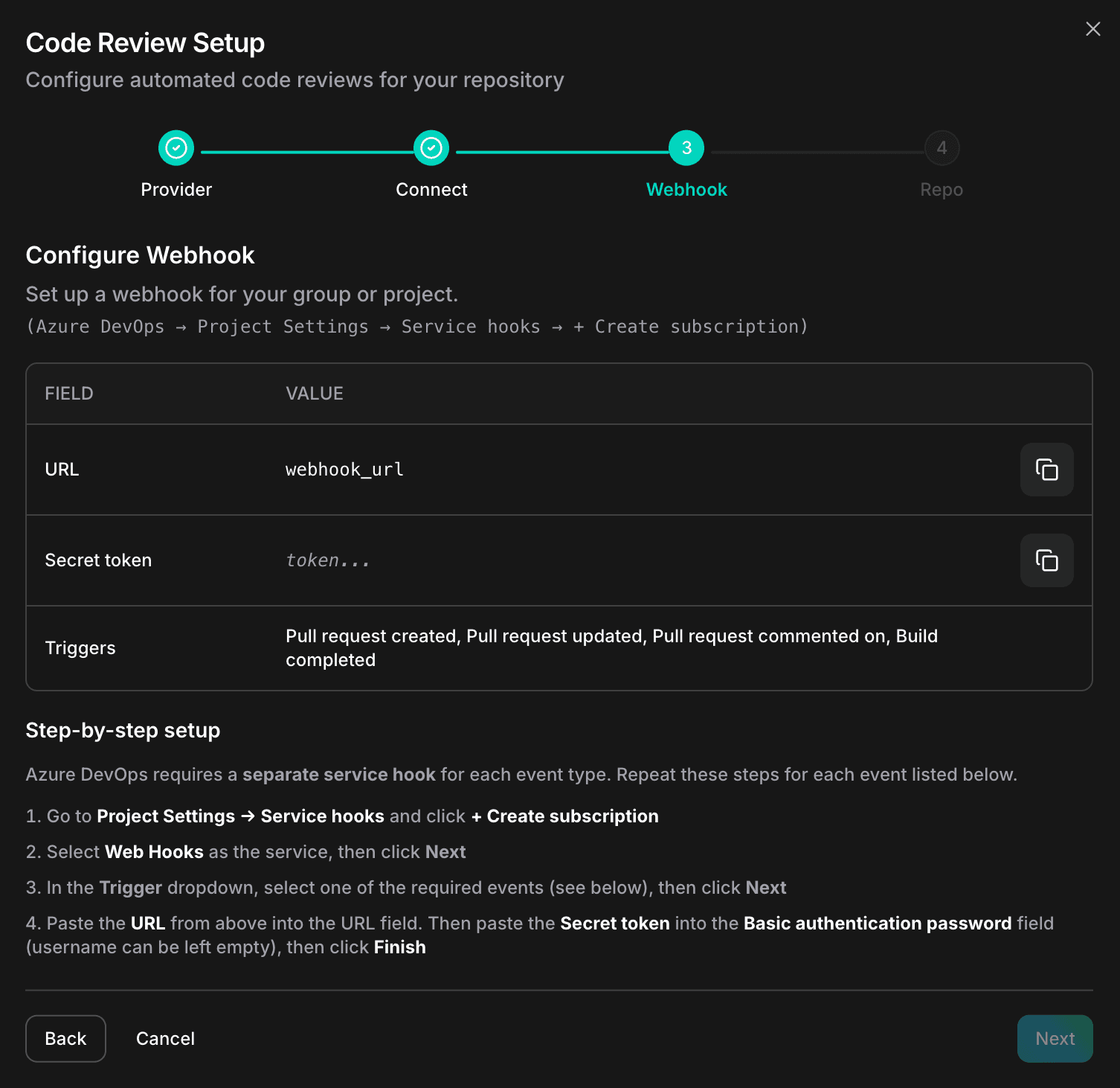 CloudThinker webhook configuration — URL, secret token, and required triggers