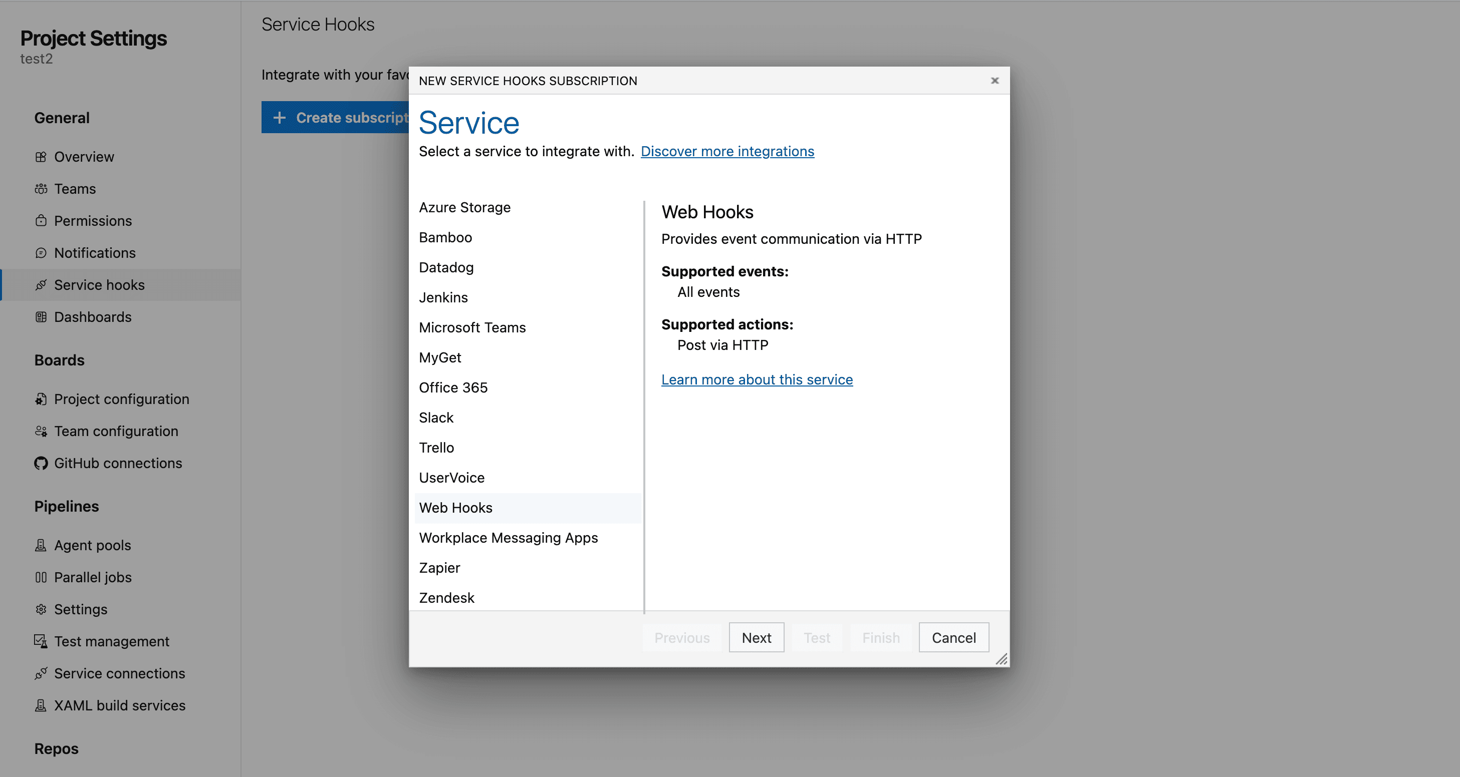 Azure DevOps Project Settings — Service Hooks, selecting Web Hooks