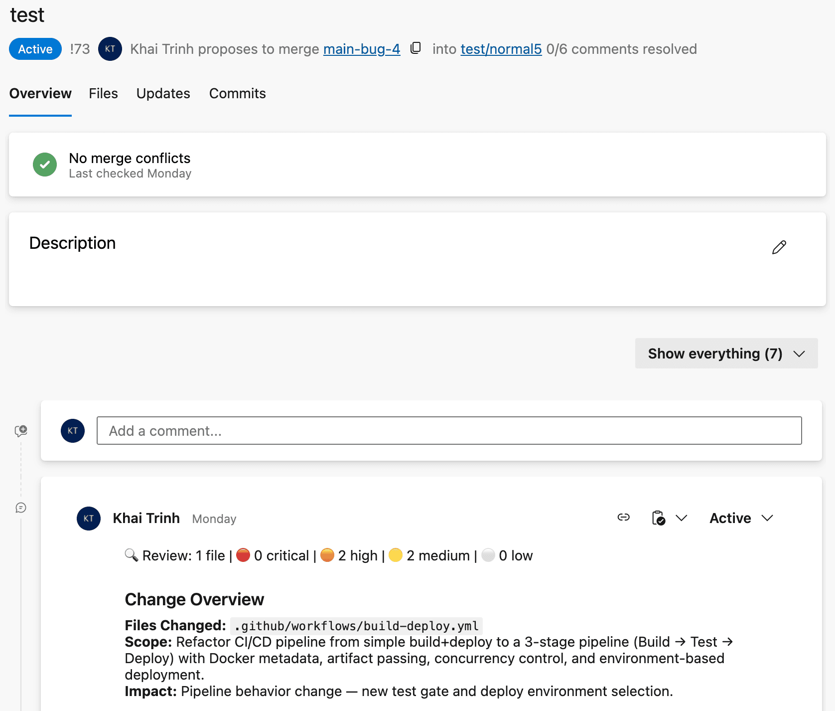 CloudThinker AI code review comments on an Azure DevOps pull request