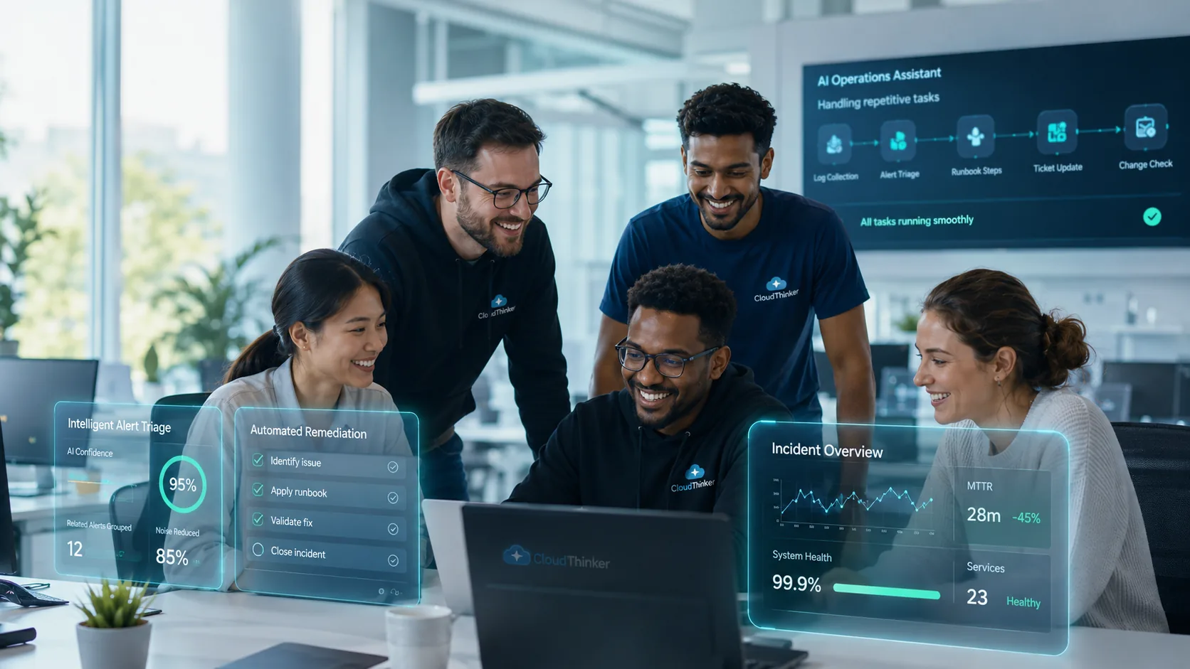 A CloudThinker operations team collaborating, with AI overlays showing Intelligent Alert Triage at 95% confidence, Automated Remediation steps, and an Incident Overview dashboard with 28m MTTR and 99.9% system health