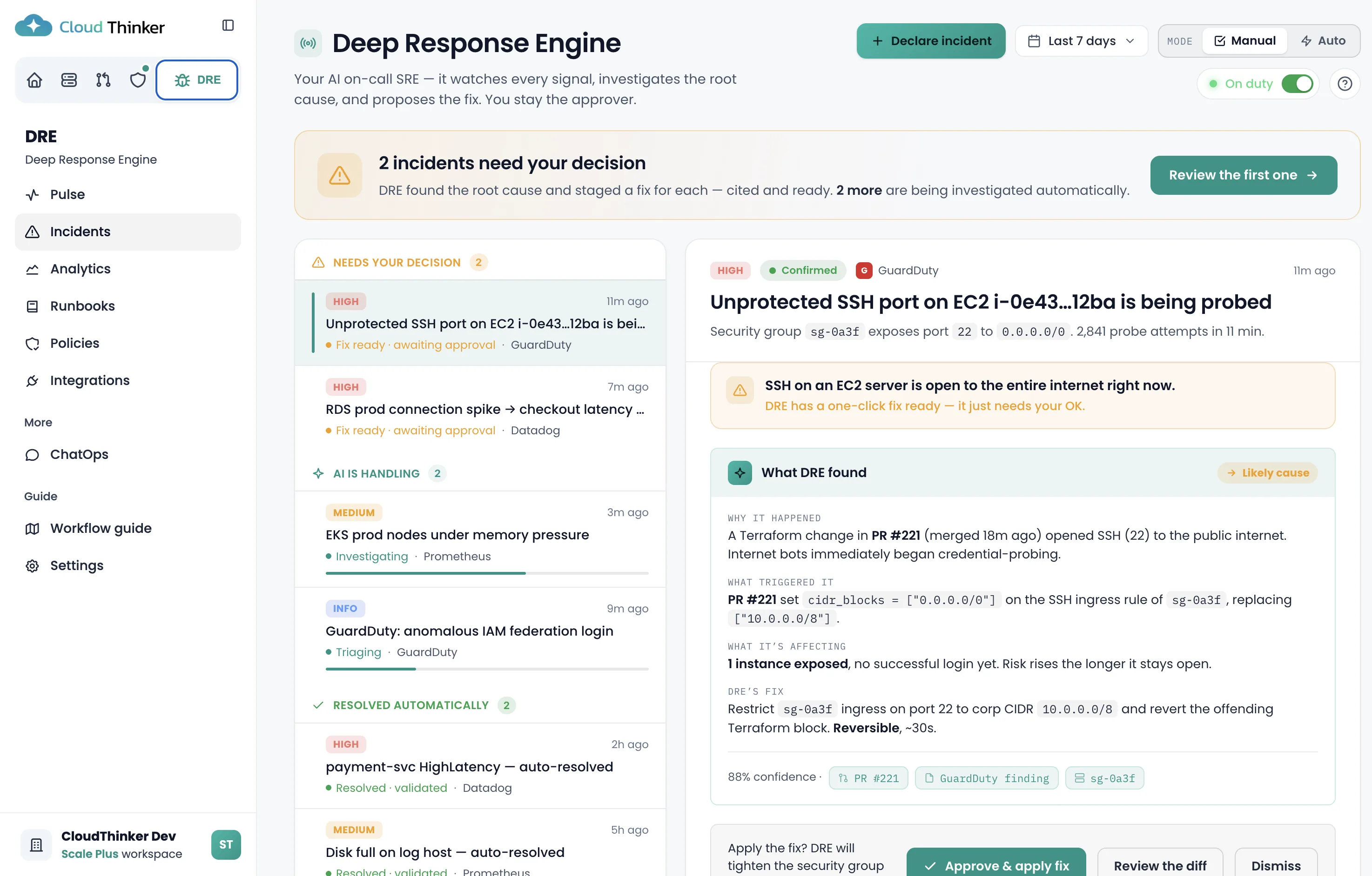 CloudThinker Deep Response Engine — correlated signals, incident timeline, and root cause